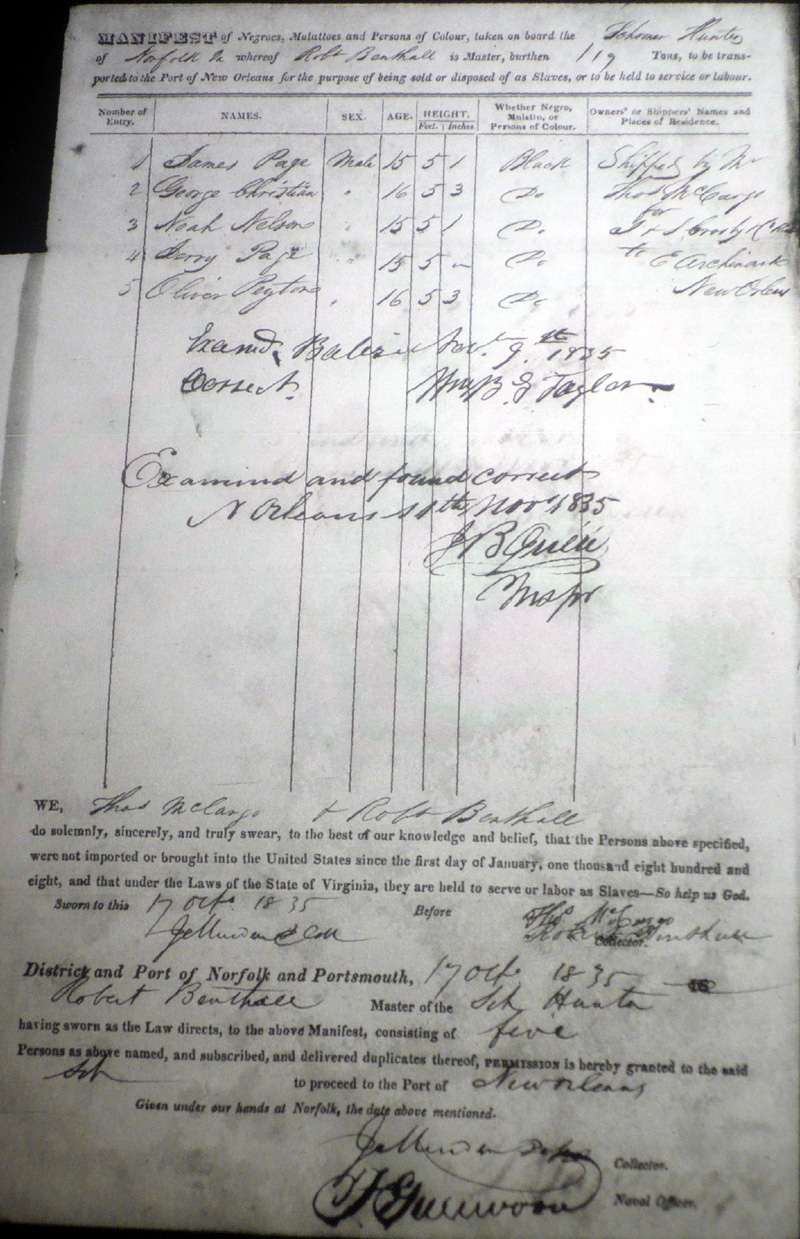 Scanned 1835 Thomas Hunter manifest with five numbered person entries and handwritten fields